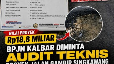 BPJN Kalbar Diminta Audit Teknis Proyek Jalan Gambir Singkawang Senilai Rp18,8 Miliar